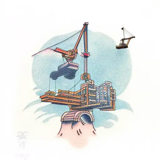 A traditional style tattoo of a building crane surrounded by drawing tools tattoo design idea