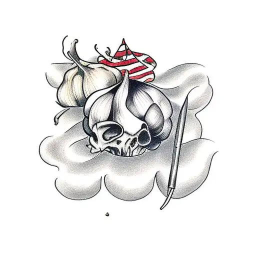 garlic with a knife stuck in smoke tattoo design idea