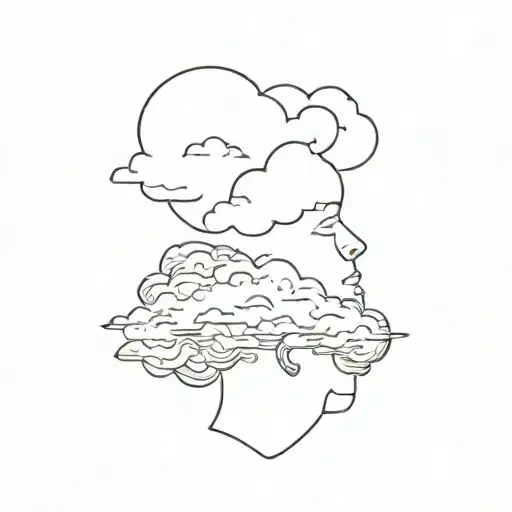 Create a portrait of a person with clouds as their thoughts, symbolizing the connection between psychology and nature tattoo design idea