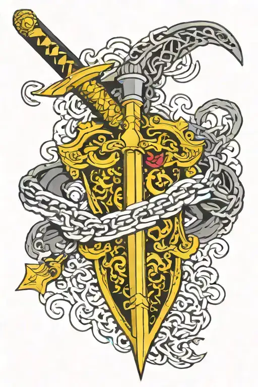 dagger with chain surrounding a heart kurapika chain of judgement tattoo design idea