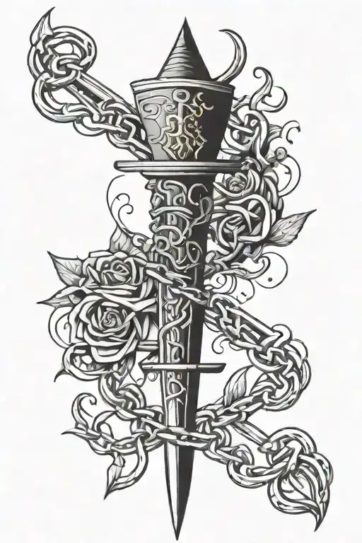 dagger with chain surrounding a heart kurapika chain of judgement tattoo design idea