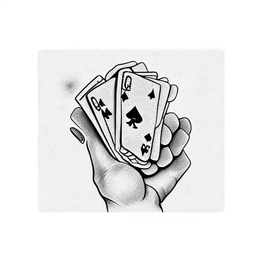 Skull hand holding Euchre cards tattoo design idea
