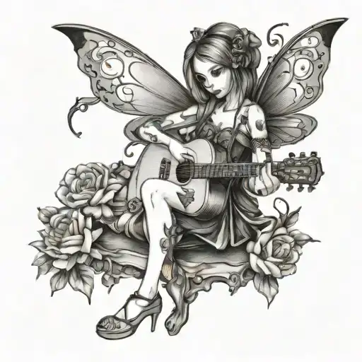 A fairy playing a guitar with a gothic twist tattoo design idea