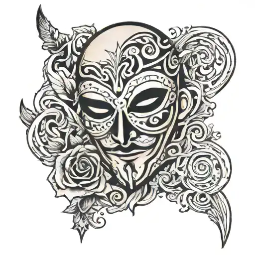 Tattoo with a Anonymous mask on the right, and left the quote "Berxwedan Jiyane" with shadows in the background  tattoo design idea