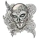 Tattoo with a Anonymous mask on the right, and left the quote "Berxwedan Jiyane" with shadows in the background  tattoo design idea