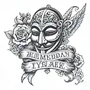 Tattoo with a Anonymous mask on the right, and left the quote "Berxwedan Jiyane" with shadows in the background  tattoo design idea
