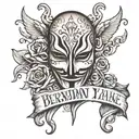 Tattoo with a Anonymous mask on the right, and left the quote "Berxwedan Jiyane" with shadows in the background  tattoo design idea