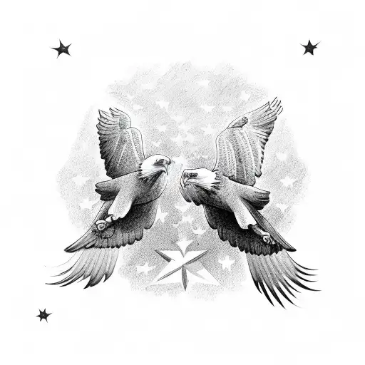 A graceful pair of eagles over 3 crosses on a hill surrounded by six shining stars tattoo design idea