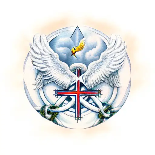 A graceful pair of intertwined eagles over 3 crosses on a hill surrounded by six shining stars tattoo design idea