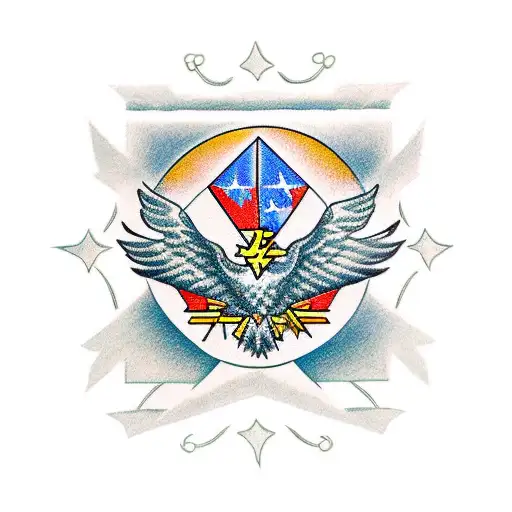 A graceful pair of intertwined eagles over 3 crosses on a hill surrounded by six shining stars tattoo design idea