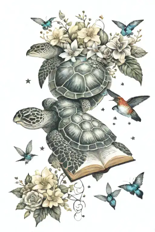 A sea turtle reading a book under a starry night sky surrounded by hummingbirds, mushrooms and flowers tattoo design idea