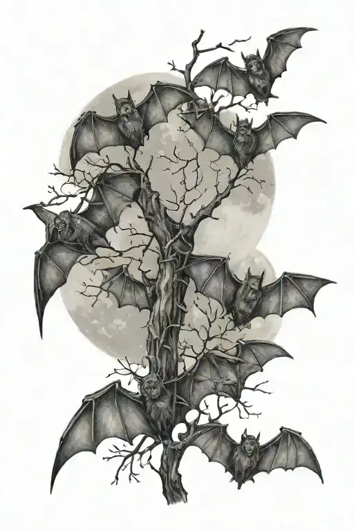 BLACK AND GREY A family of bats hanging upside down from a tree branch with a full moon in the background tattoo design idea