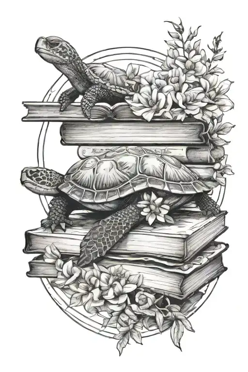 A stack of books with a sea turtle resting on top, surrounded by blooming flowers and a crescent moon overhead tattoo design idea
