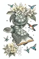 A sea turtle reading a book under a starry night sky surrounded by hummingbirds, mushrooms and flowers tattoo design idea