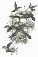 A sea turtle reading a book under a starry night sky surrounded by hummingbirds, mushrooms and flowers tattoo design idea