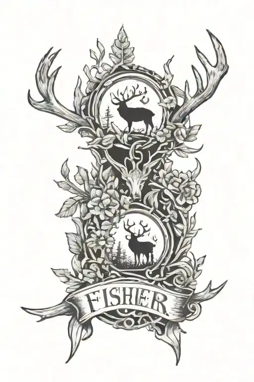 ambigram of Fisher and Family in between a bucks antlers tattoo design idea