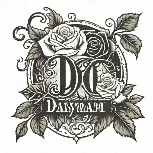 Name "Dayami" in calligraphy surrounded by roses tattoo design idea