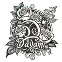 Name "Dayami" in calligraphy surrounded by roses tattoo design idea