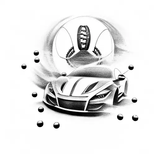 A tattoo design of a sleek sports car morphing into a wrestler in action, with baseballs scattered around tattoo design idea