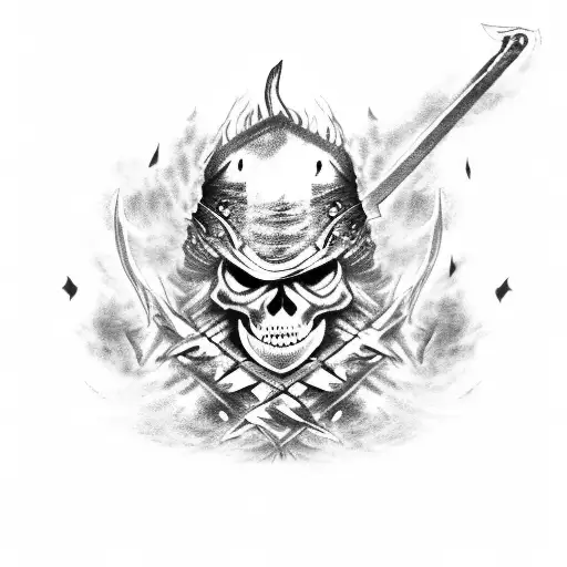 A blindfolded skeleton warrior in tattered armor, holding a flaming sword and standing in a dark dungeon tattoo design idea
