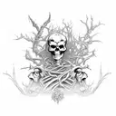 A skeleton warrior wearing armor made of twisted vines and thorns, holding a battle axe and standing in a haunted forest tattoo design idea