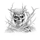 A skeleton warrior wearing armor made of twisted vines and thorns, holding a battle axe and standing in a haunted forest tattoo design idea