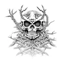 A skeleton warrior wearing armor made of twisted vines and thorns, holding a battle axe and standing in a haunted forest tattoo design idea