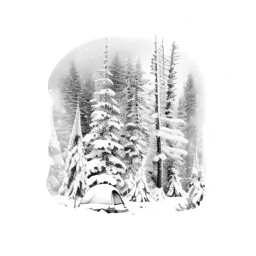 snowy forest with camp fire tattoo design idea