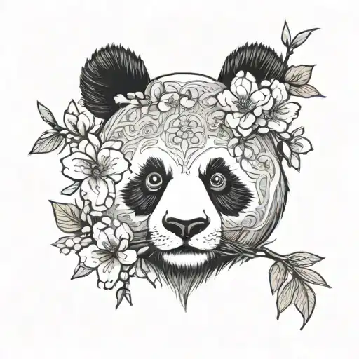 panda face with cherry blossoms tattoo design idea