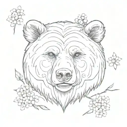 bear face and cherry blossoms tattoo design idea