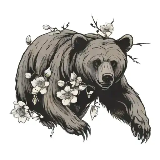 bear face cherry blossom petals falling tattoo design idea