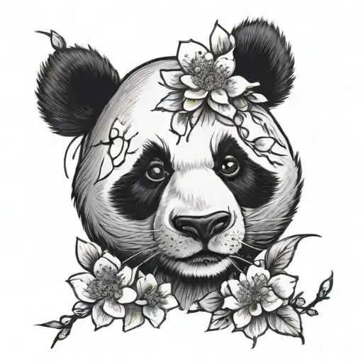 panda face with cherry blossoms tattoo design idea