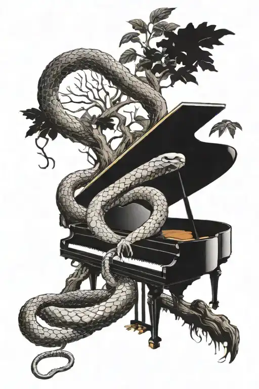 A snake coiled around a grand piano with deep tree roots intertwining in the background tattoo design idea
