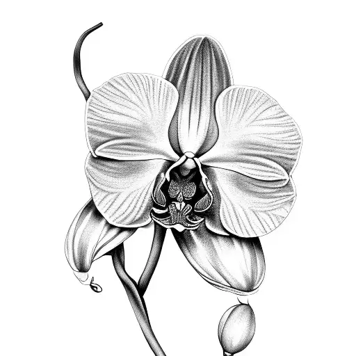 A black-grey tattoo depicting a realistic orchid with delicate vines and leaves tattoo design idea