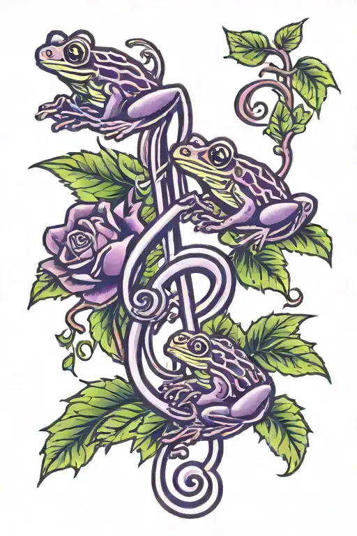Treble clef in shades of purple (from light to dark) with two tree frogs hanging on it tattoo design idea