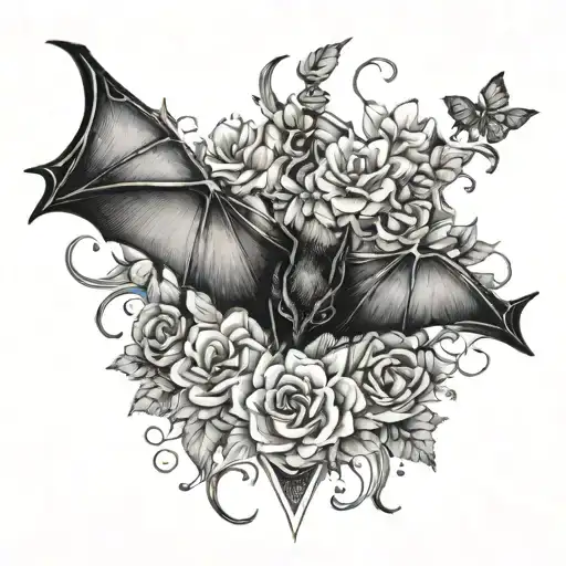 bat hanging upside down with floral details tattoo design idea
