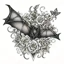 bat hanging upside down with floral details tattoo design idea