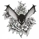 bat hanging upside down with floral details tattoo design idea