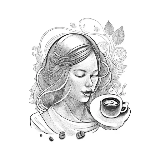 A stylized portrait of a mother and child embracing, with coffee beans forming the background tattoo design idea