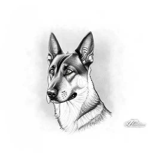 Realistic depiction of a Belgian Malinois police dog sniffing for clues tattoo design idea