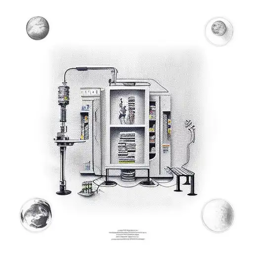 A futuristic laboratory with bioreactors and bookshelves tattoo design idea
