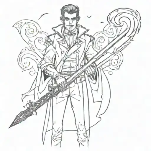 a vampire man holding a sword made of ghost energy that glows in blue light tattoo design idea