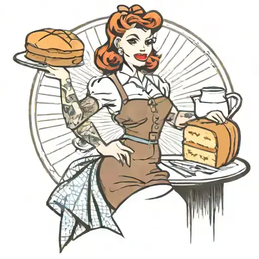 50s style pinup with auburn hair, brown eyes, and tattoos,wearing an apron that says Gillian's Hot Buns (Bread and More) tattoo design idea