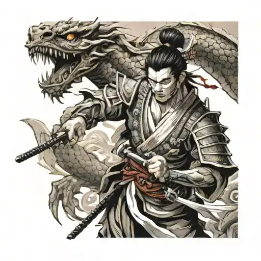 a samurai without a mask without a helmet in battle with a sword in hand, a Japanese temple, a dragon and a papyrus with tattoo design idea