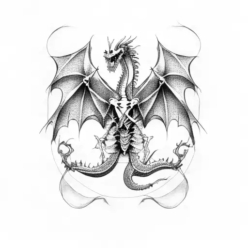 flying dragon skeleton tattoo design idea