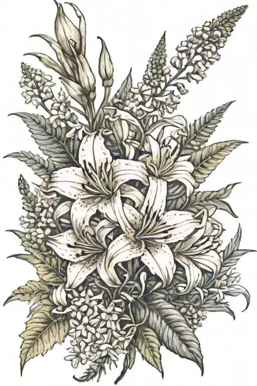 sepia large day lily with fern, lupines and buttercups tattoo design idea