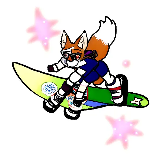 Fox with googles and thong out riding a snowboard down a shooting star tail tattoo design idea