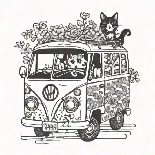 A blackwork tattoo of a hippie van with a cat driving, surrounded by musical notes and flowers tattoo design idea