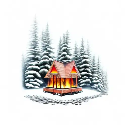 pine trees, camp fire, white hawk tattoo design idea