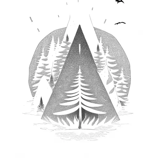 pine tree back ground with camp fire and flying hawk tattoo design idea